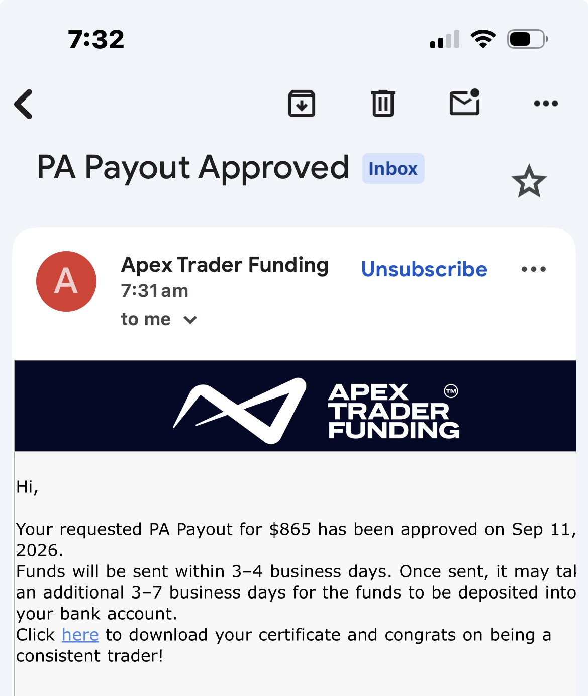 $865 payout approved